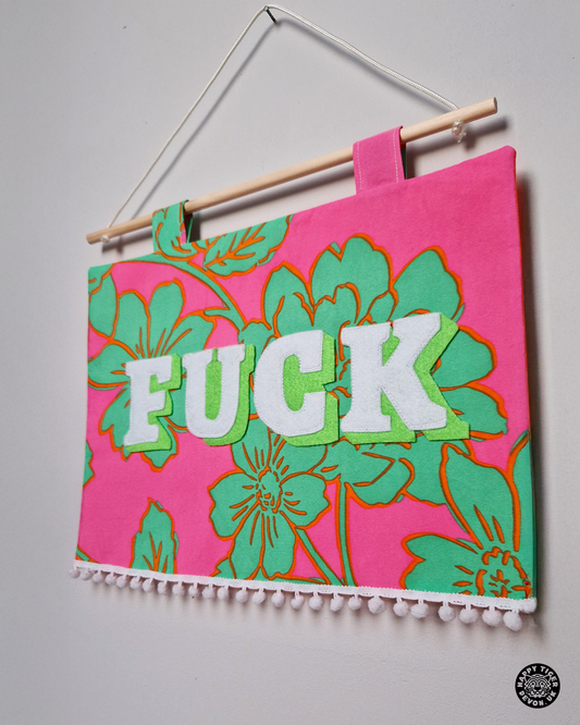 Funny rude wall art banner with Fuck text, edgy home decor